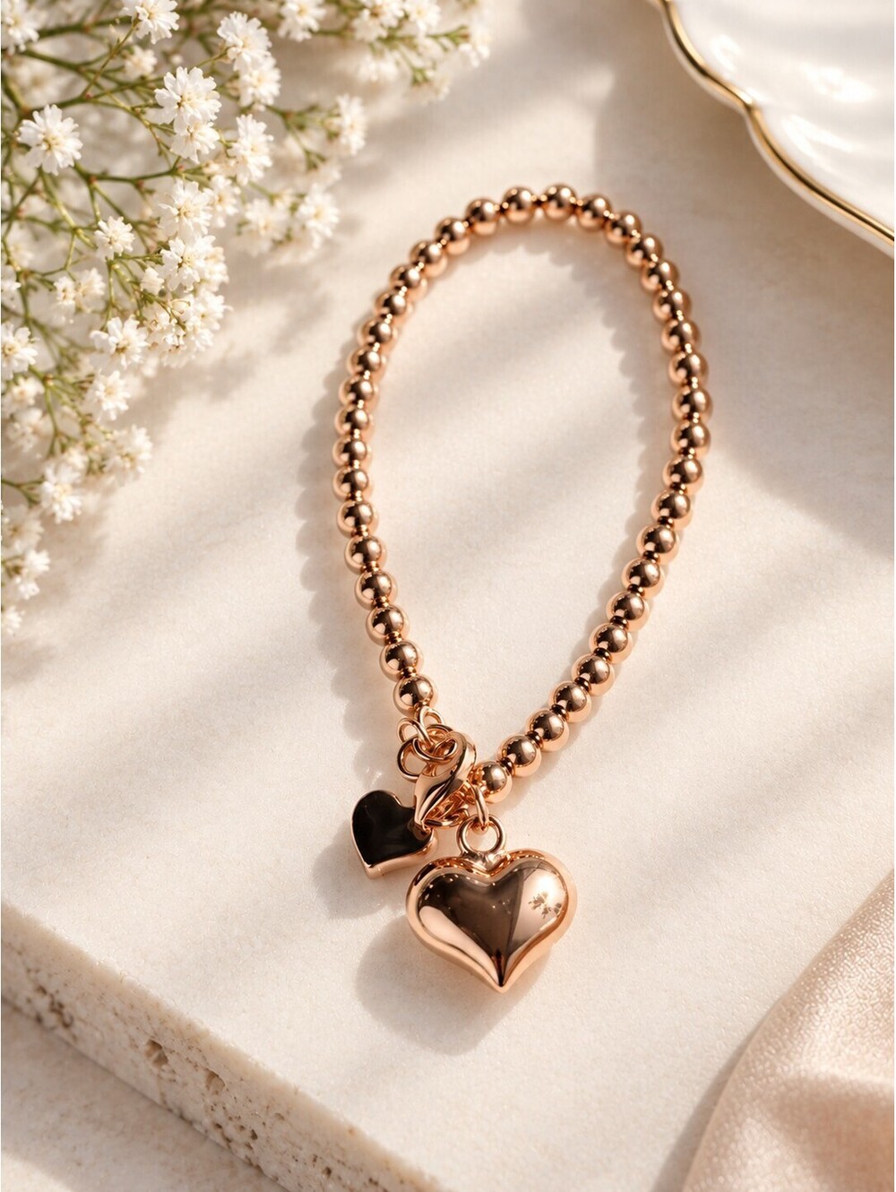 Rose Gold Heart Pendant Beaded Bracelet 6.5 Inch
